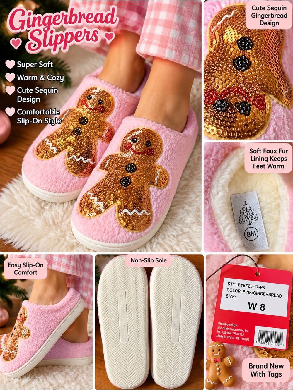 Pink Sequin Gingerbread Slip-On Slippers - Cozy Faux Fur Lining